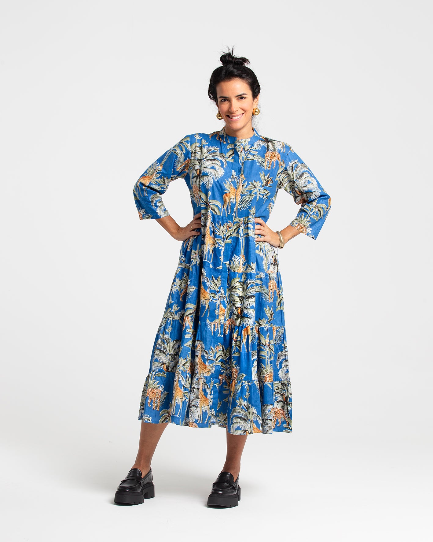 BLUE JUNGLE BLOCK PRINTED DRESS