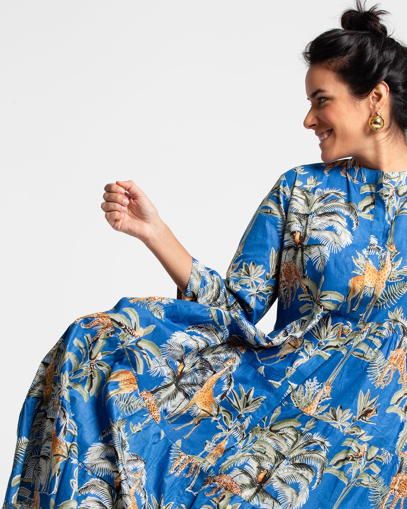 BLUE JUNGLE BLOCK PRINTED DRESS