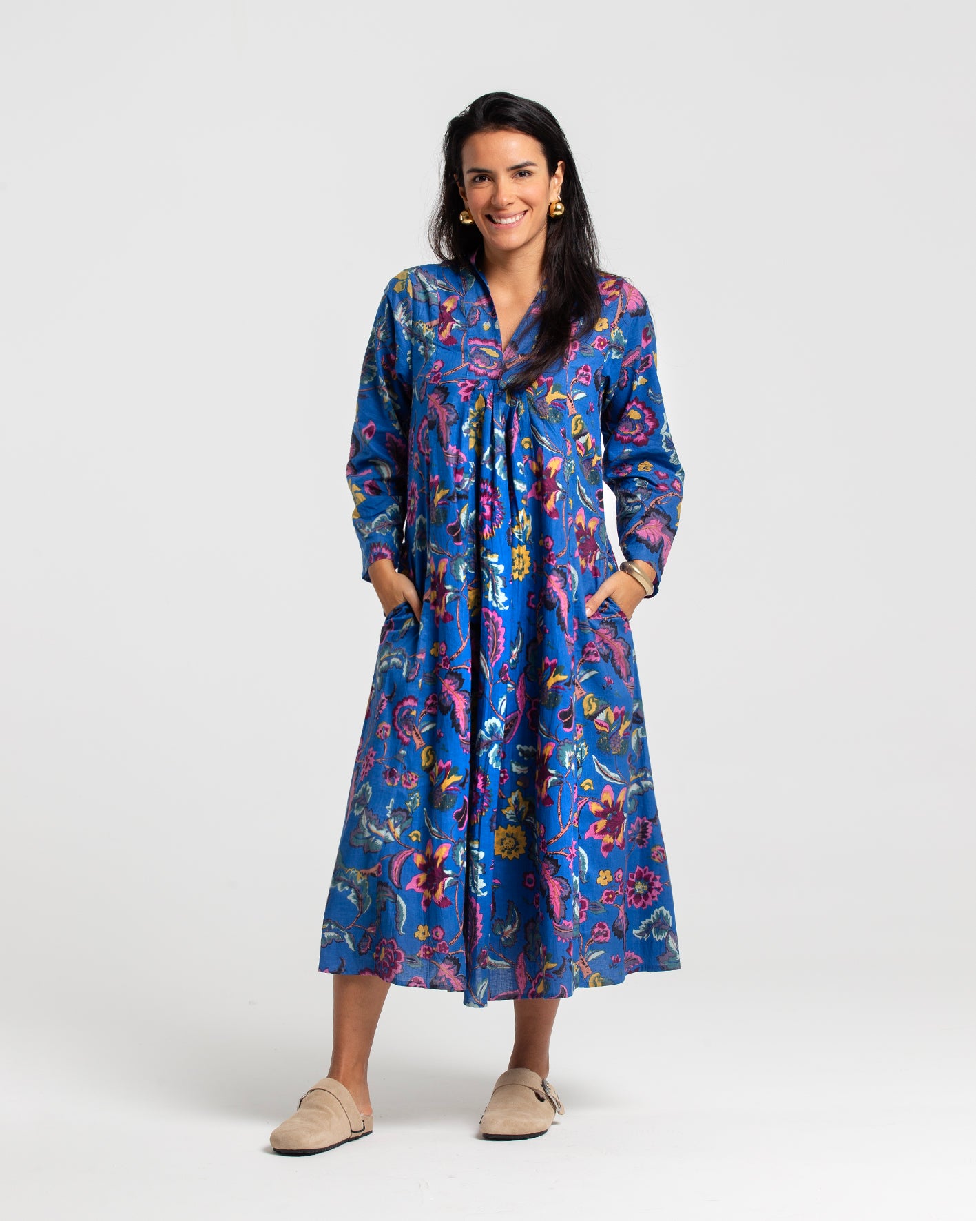 BOTANICAL BLUE BLOCK PRINTED DRESS