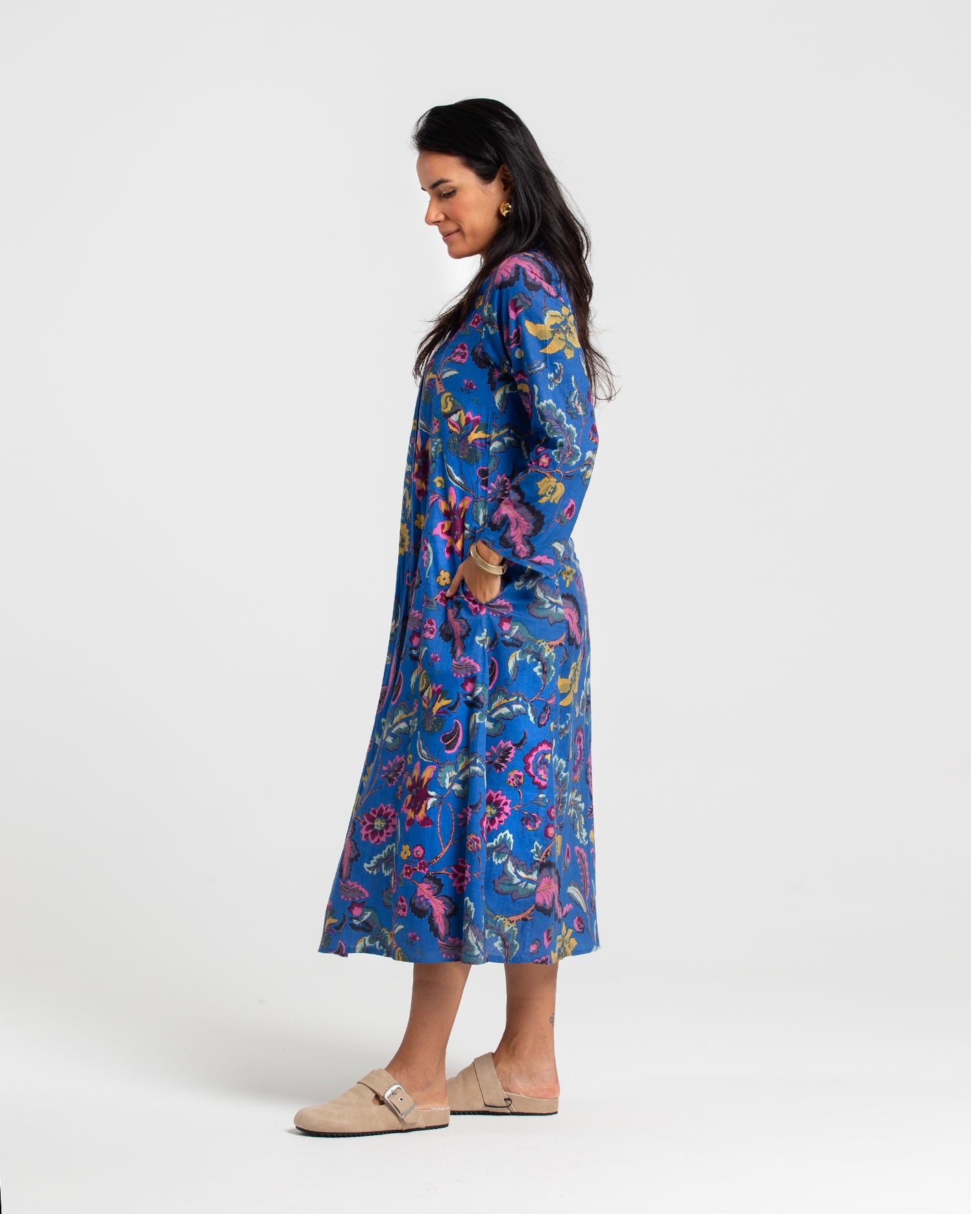 BOTANICAL BLUE BLOCK PRINTED DRESS