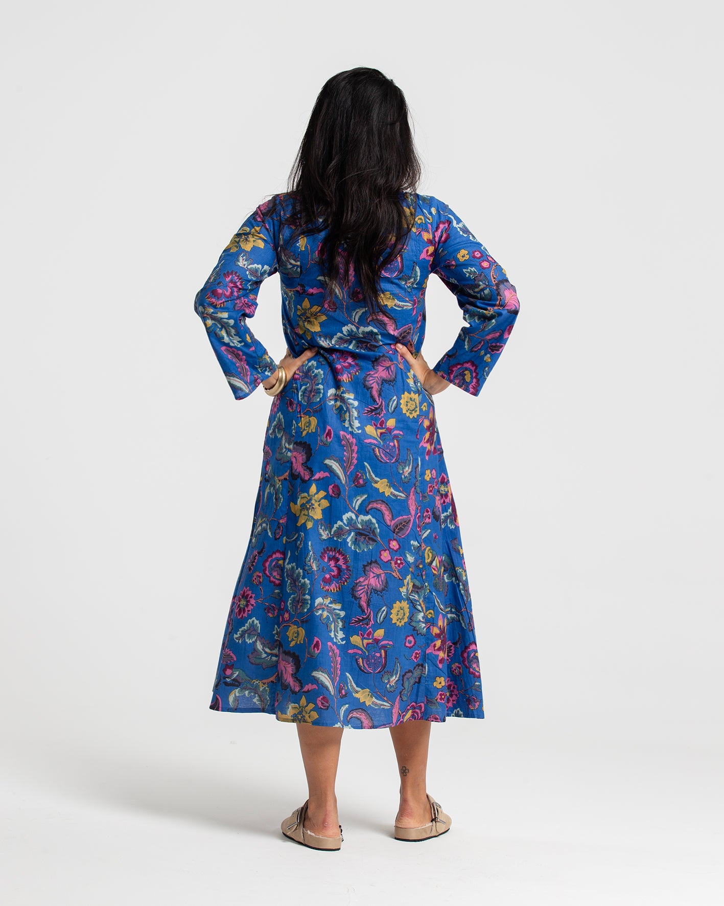 BOTANICAL BLUE BLOCK PRINTED DRESS