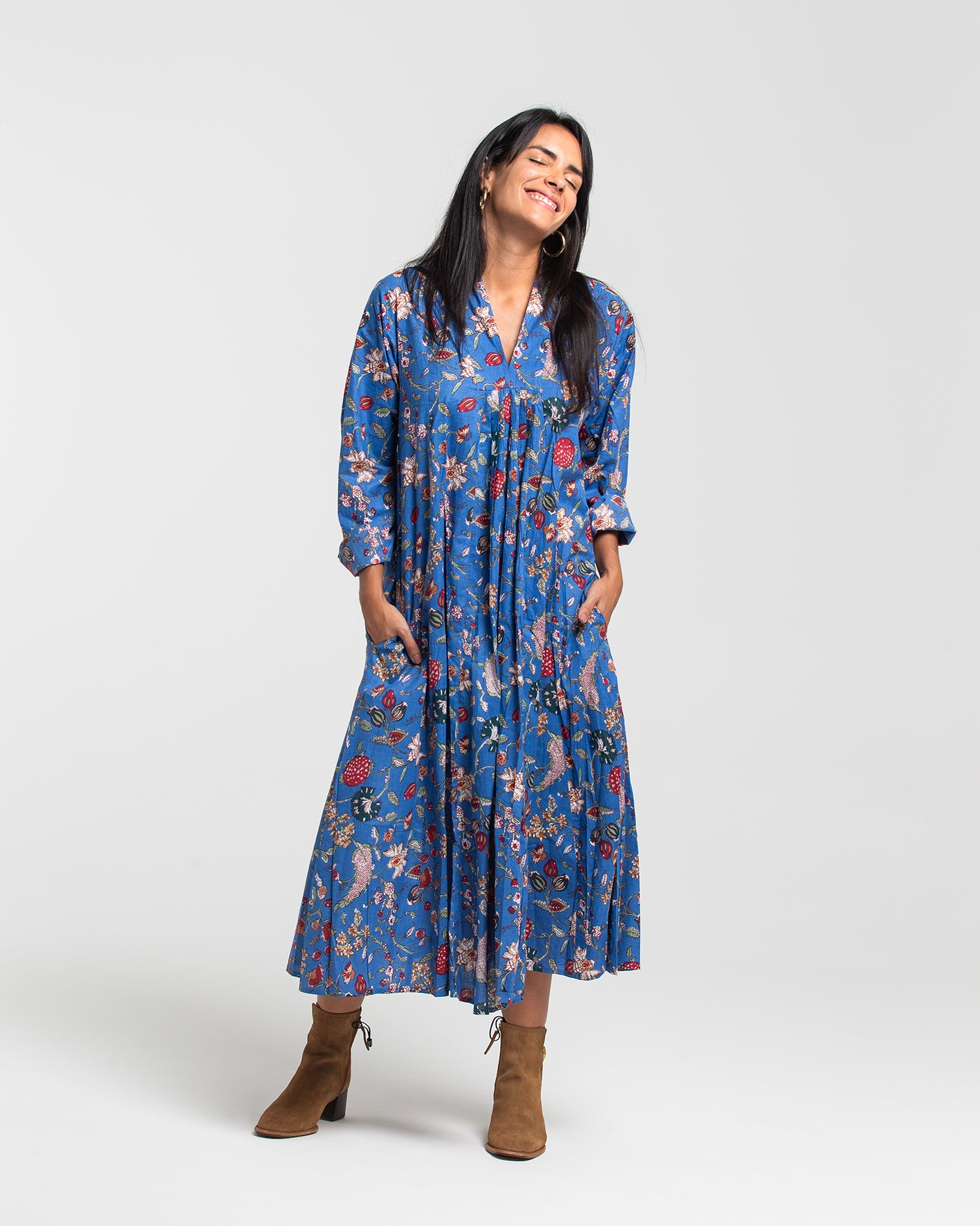 BOTANICAL BLUE BLOCK PRINTED DRESS