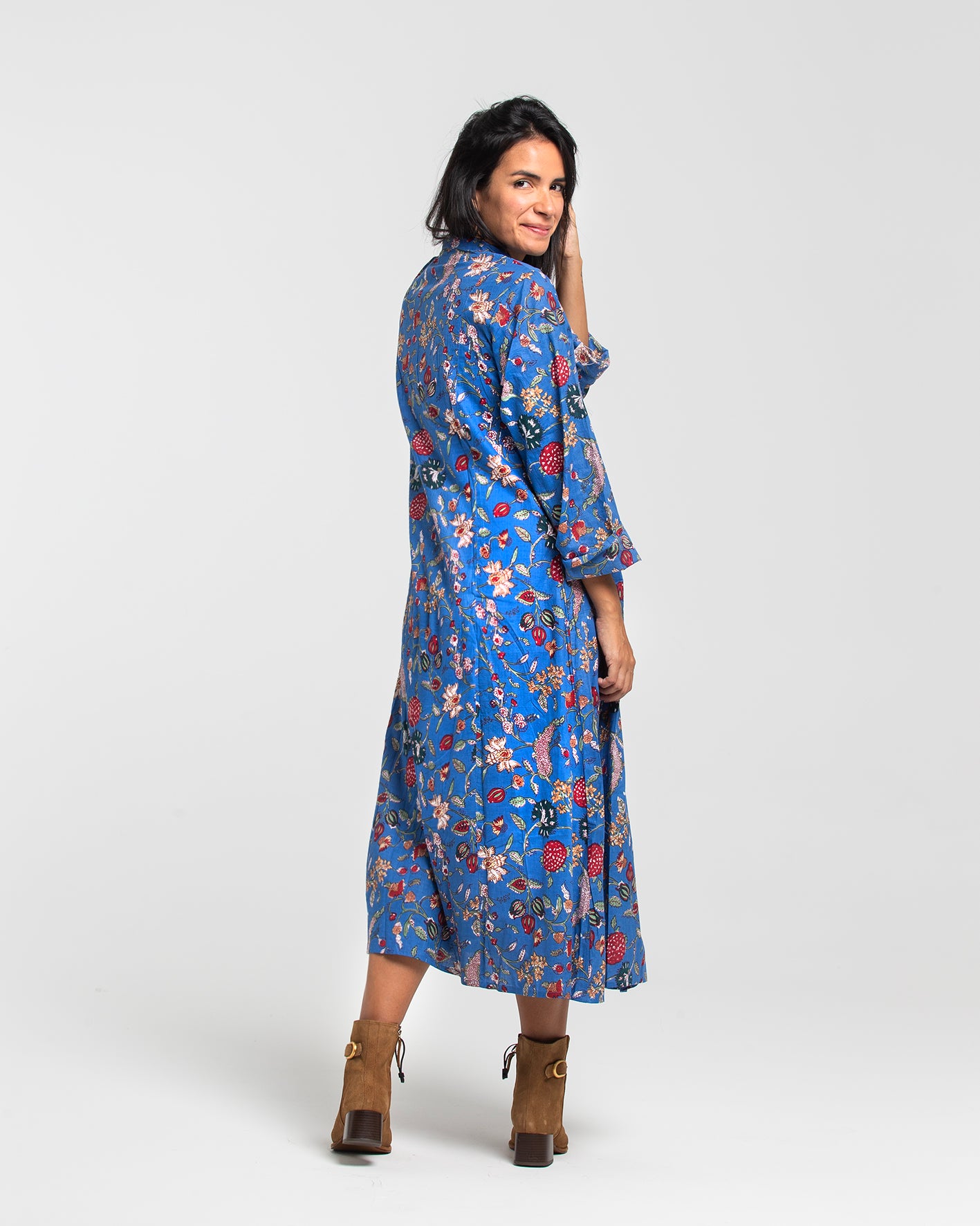 BOTANICAL BLUE BLOCK PRINTED DRESS