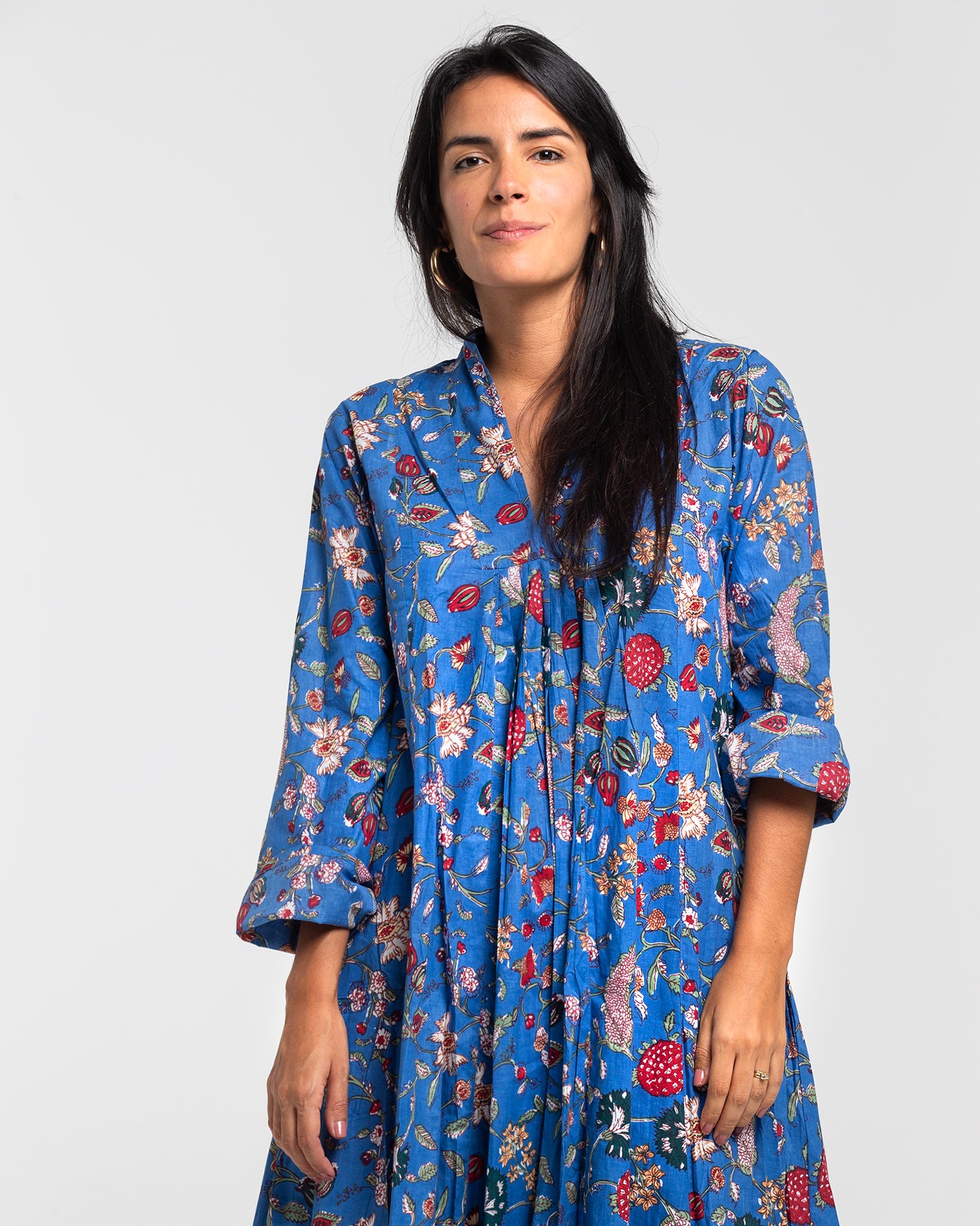 BOTANICAL BLUE BLOCK PRINTED DRESS