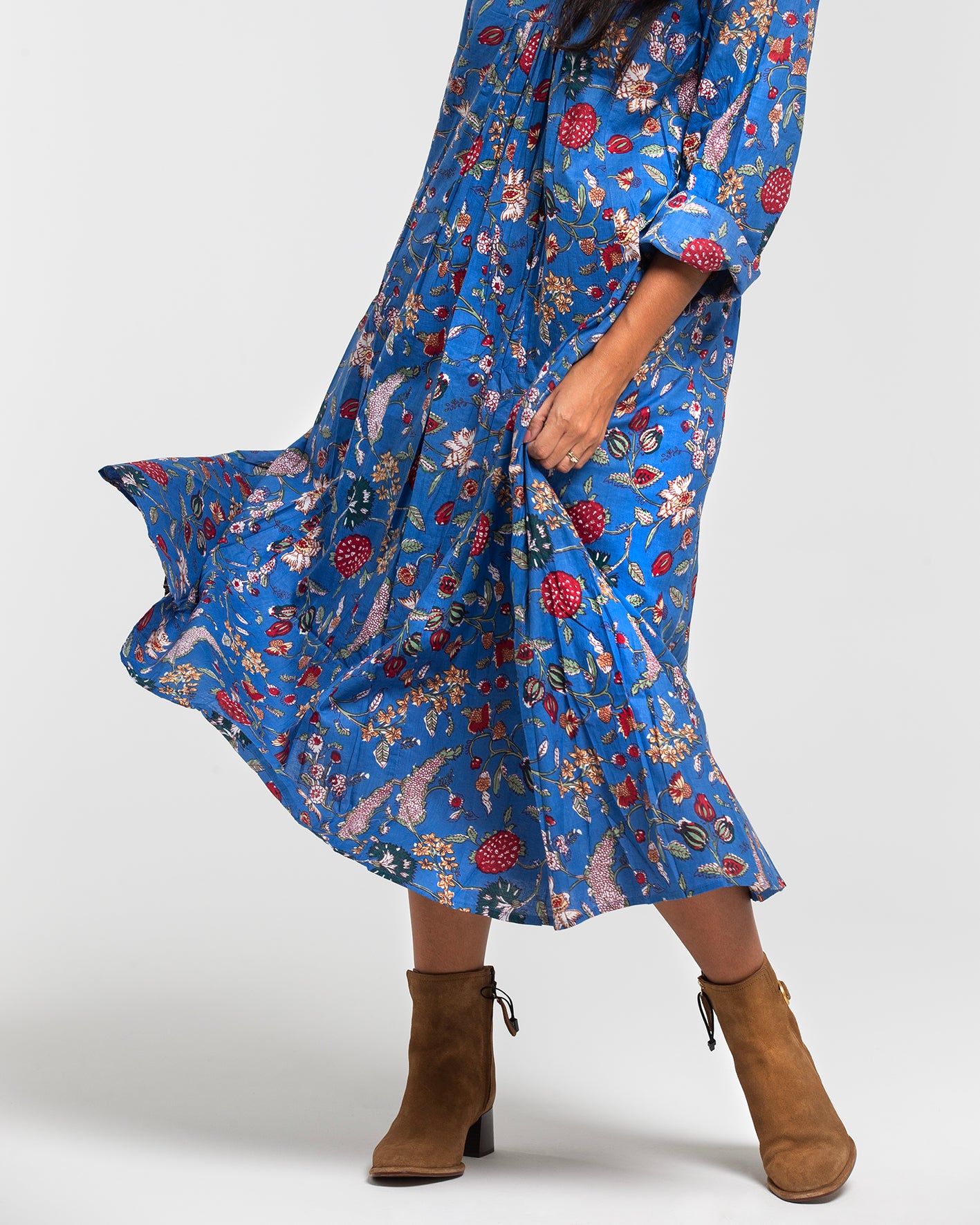 BOTANICAL BLUE BLOCK PRINTED DRESS