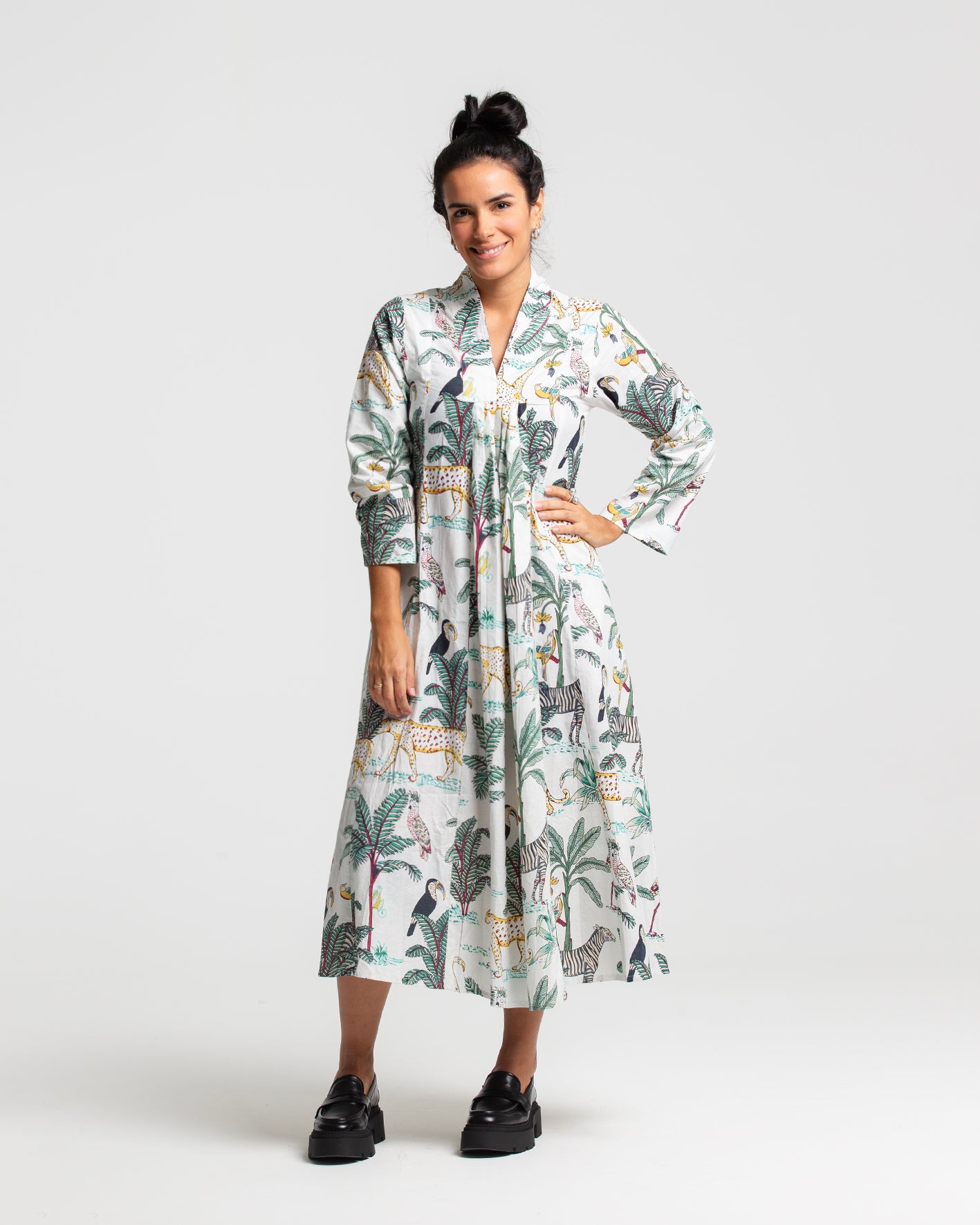 WHITE JUNGLE BLOCK PRINTED DRESS