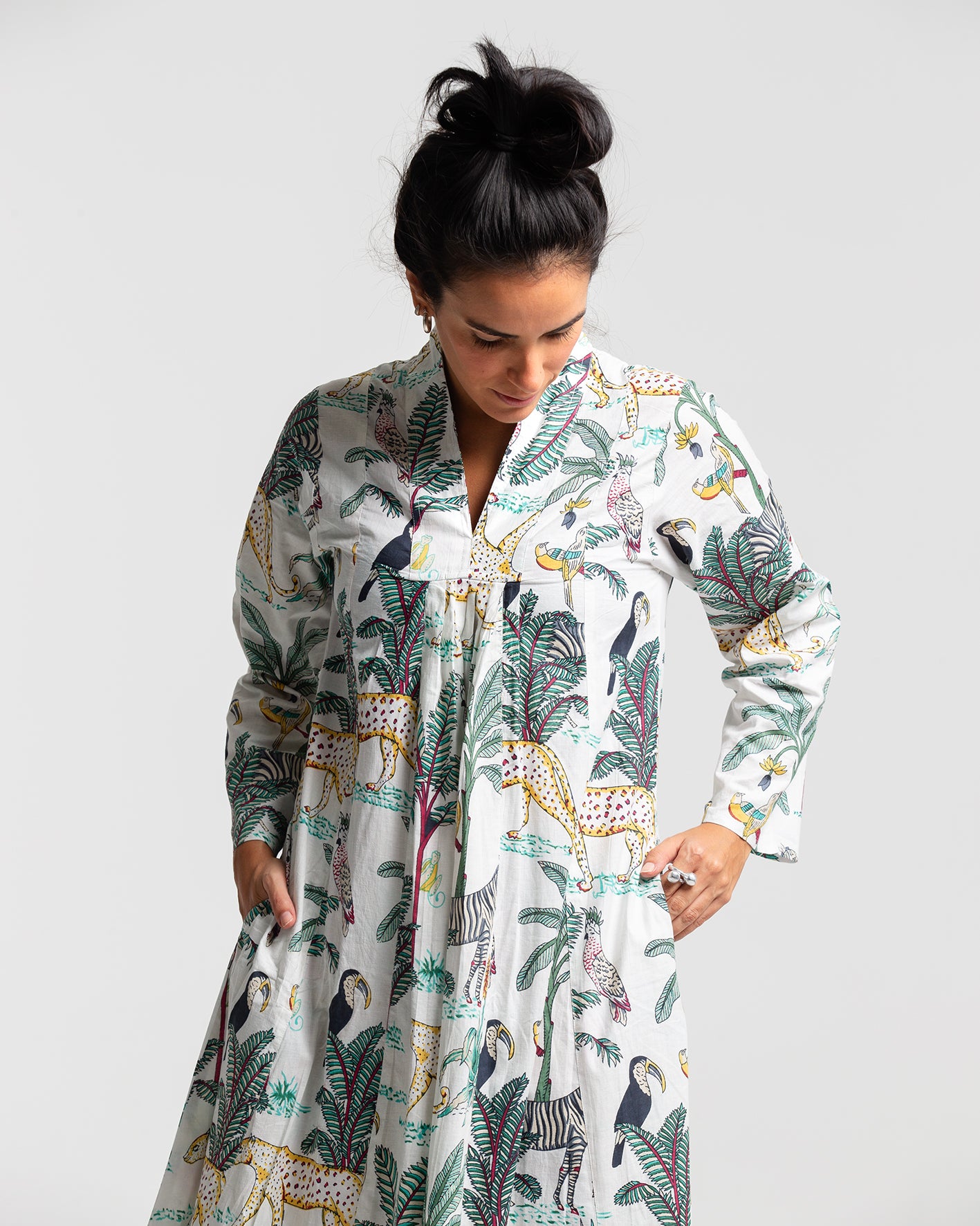 WHITE JUNGLE BLOCK PRINTED DRESS