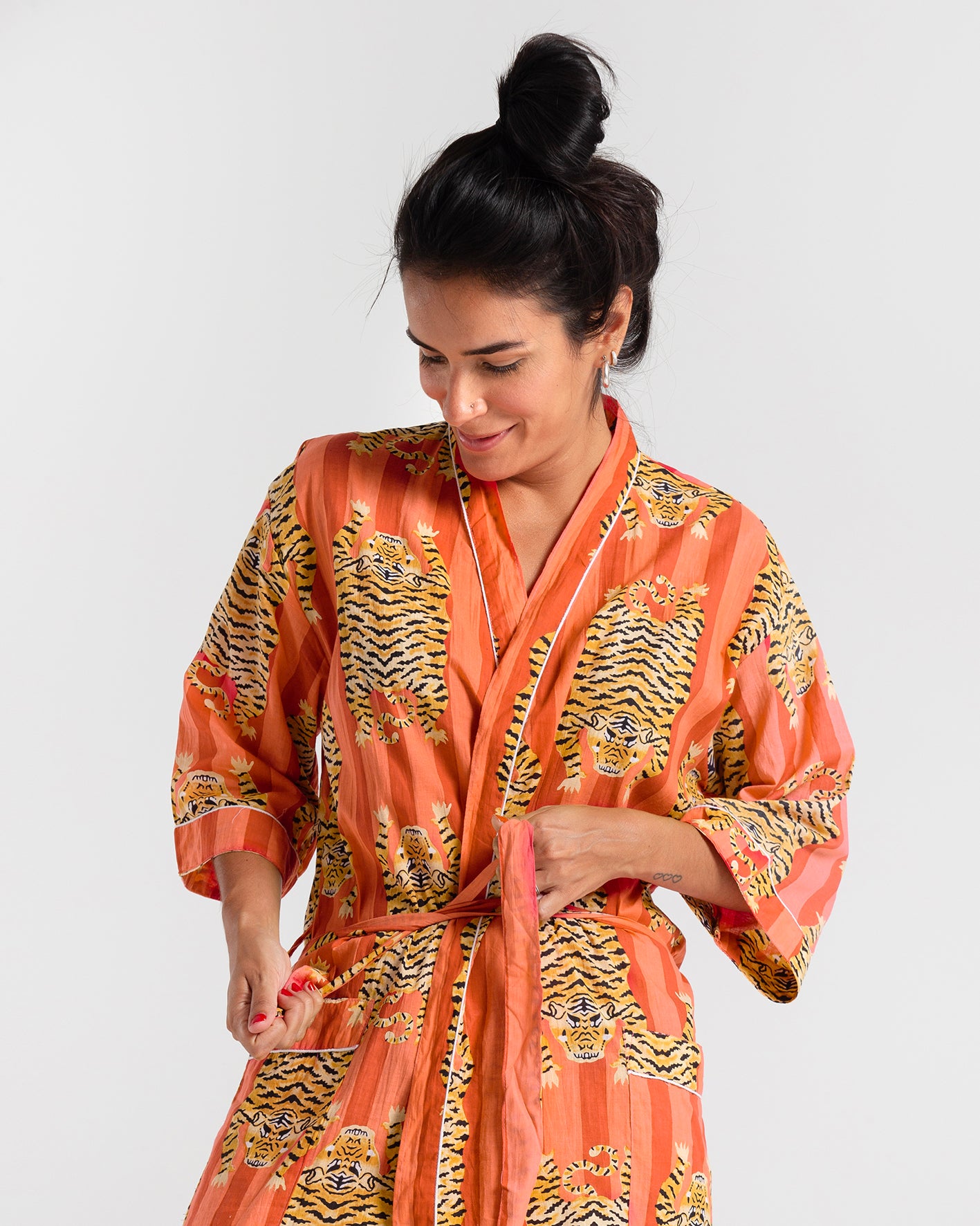 Tiger Block printed Orange Robe