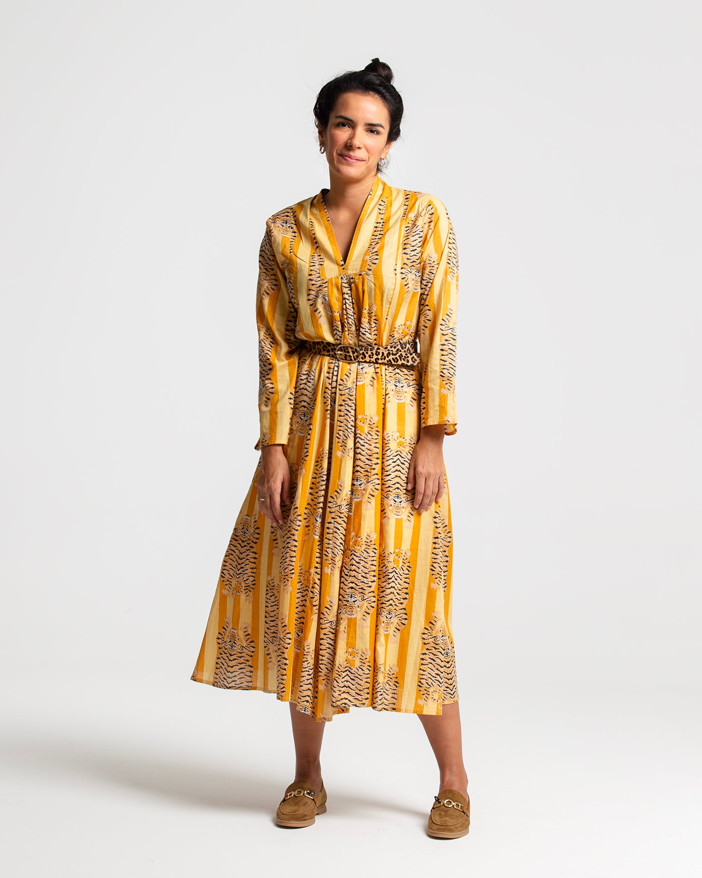 YELLOW TIGER BLOCK PRINTED DRESS