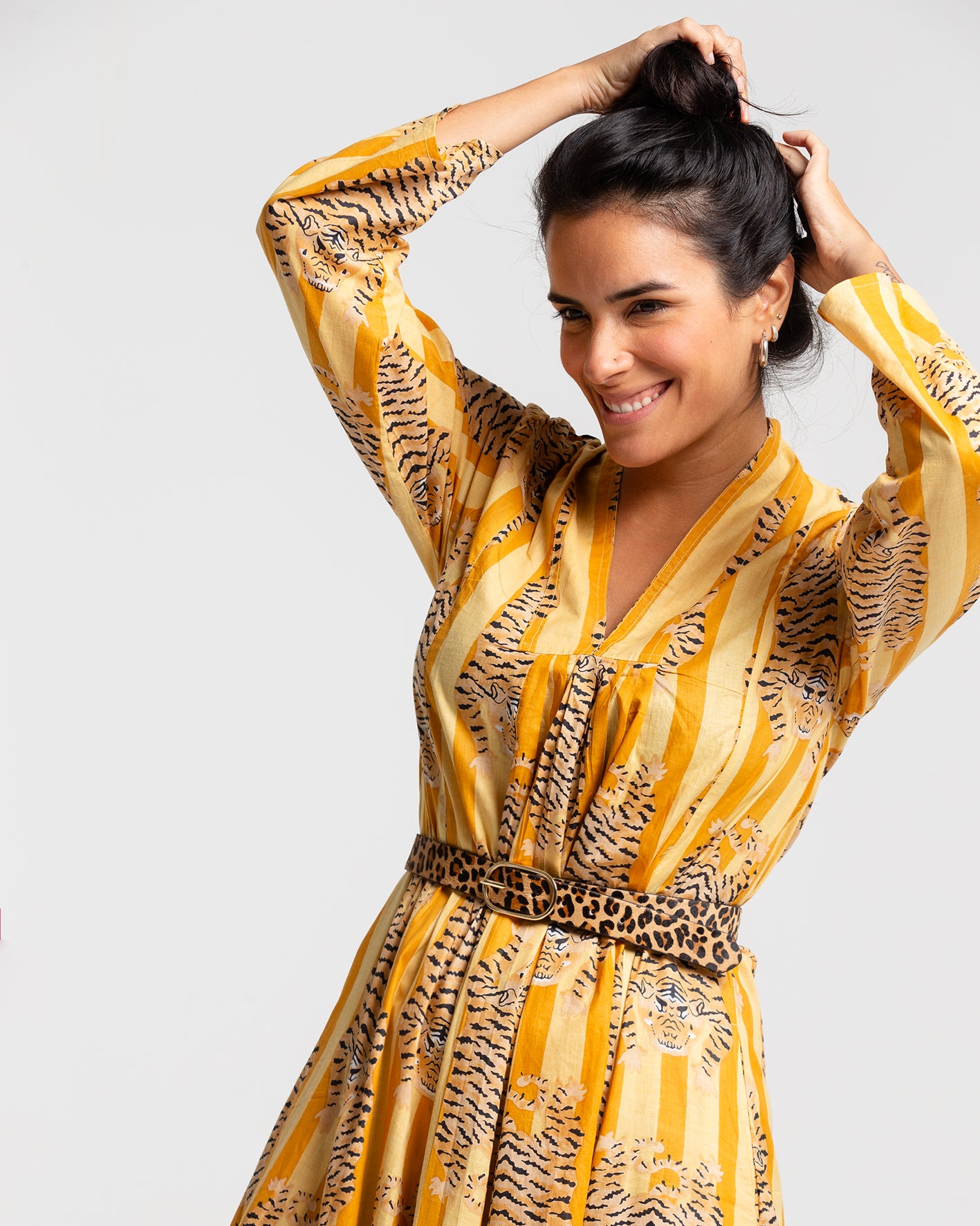 YELLOW TIGER BLOCK PRINTED DRESS