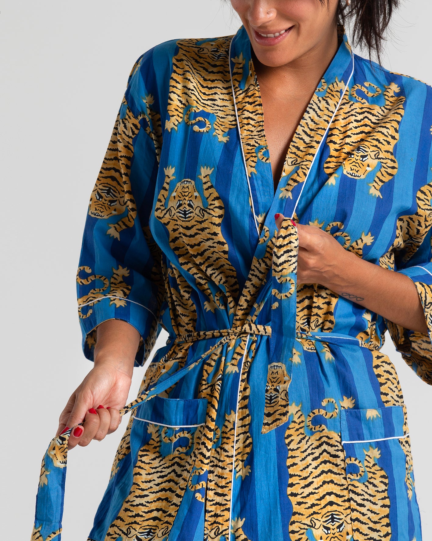 Tiger Block printed Blue Robe