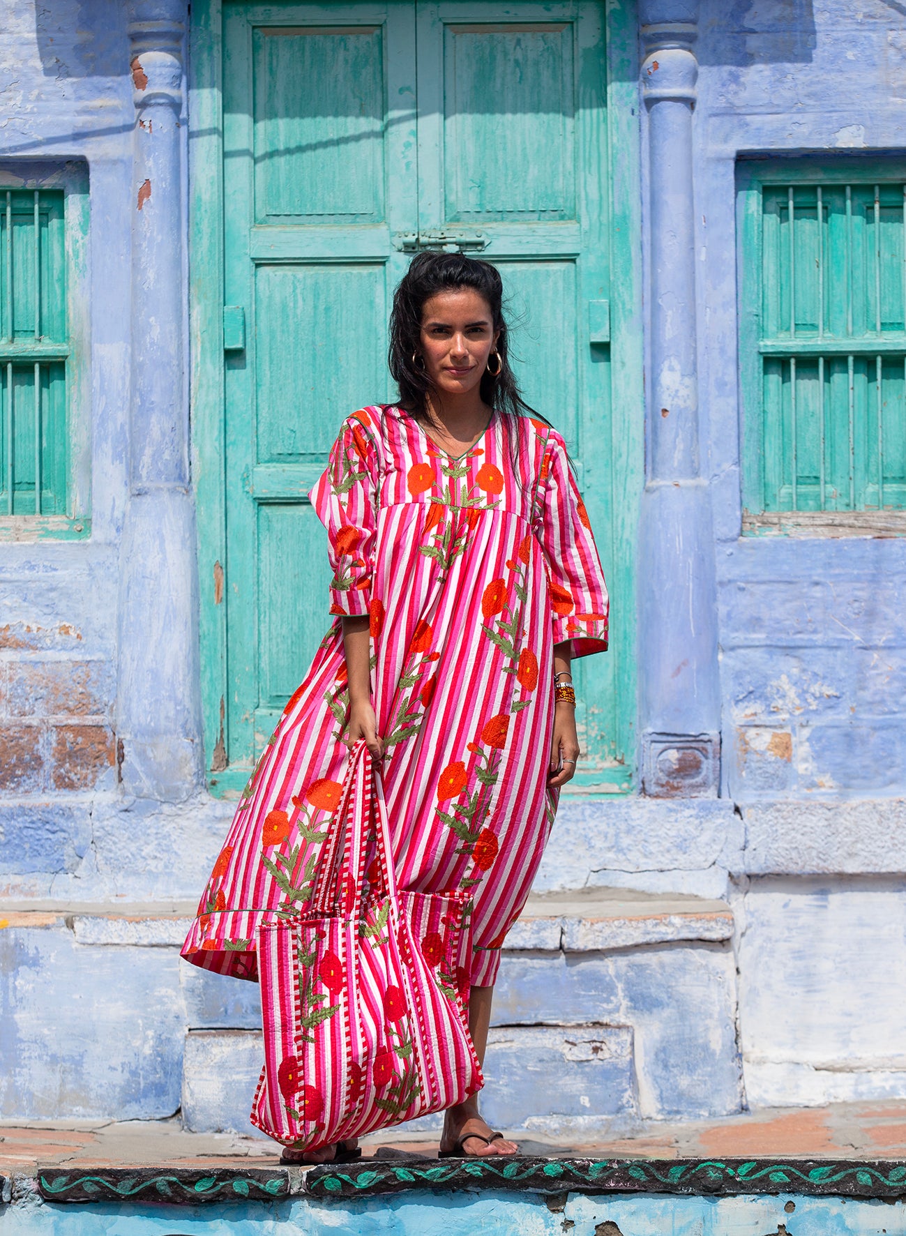 RED FLOWERS BLOCK PRINTED DRESS