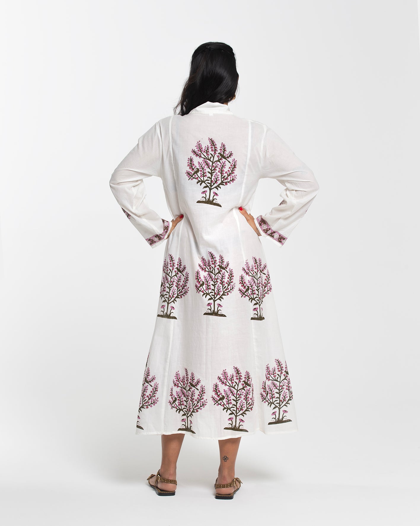 WHITE FLOWERFUL BIRDS MIDI DRESS