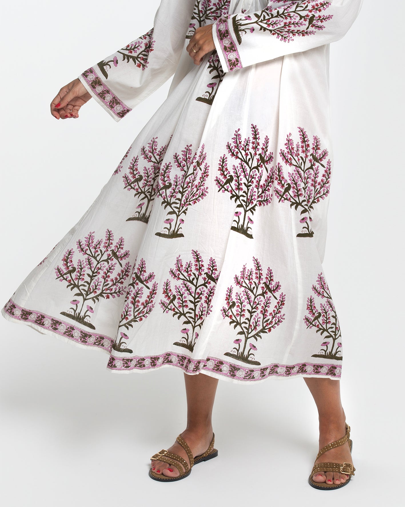 WHITE FLOWERFUL BIRDS MIDI DRESS