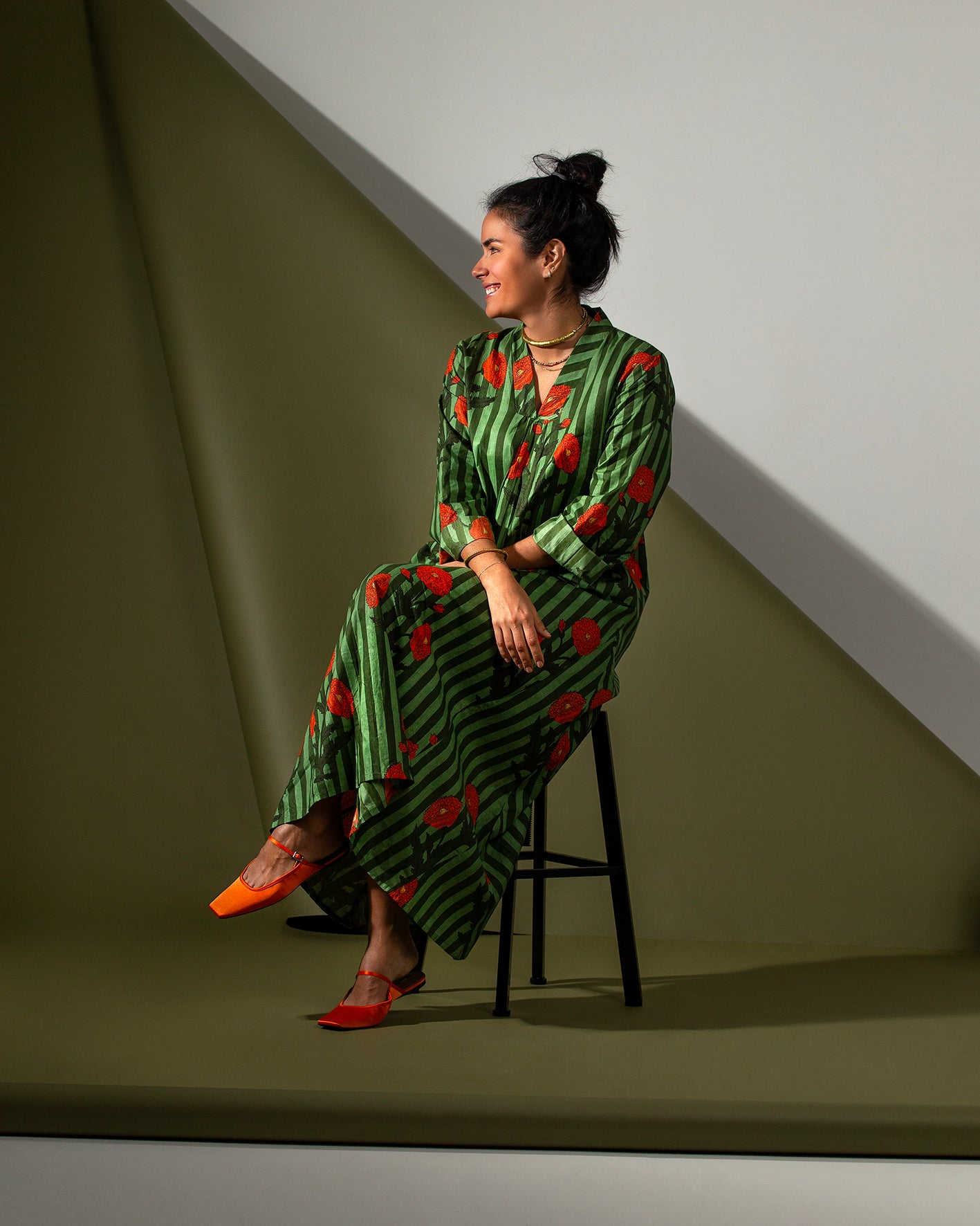 GREEN FLORAL BLOCK PRINTED LONG DRESS