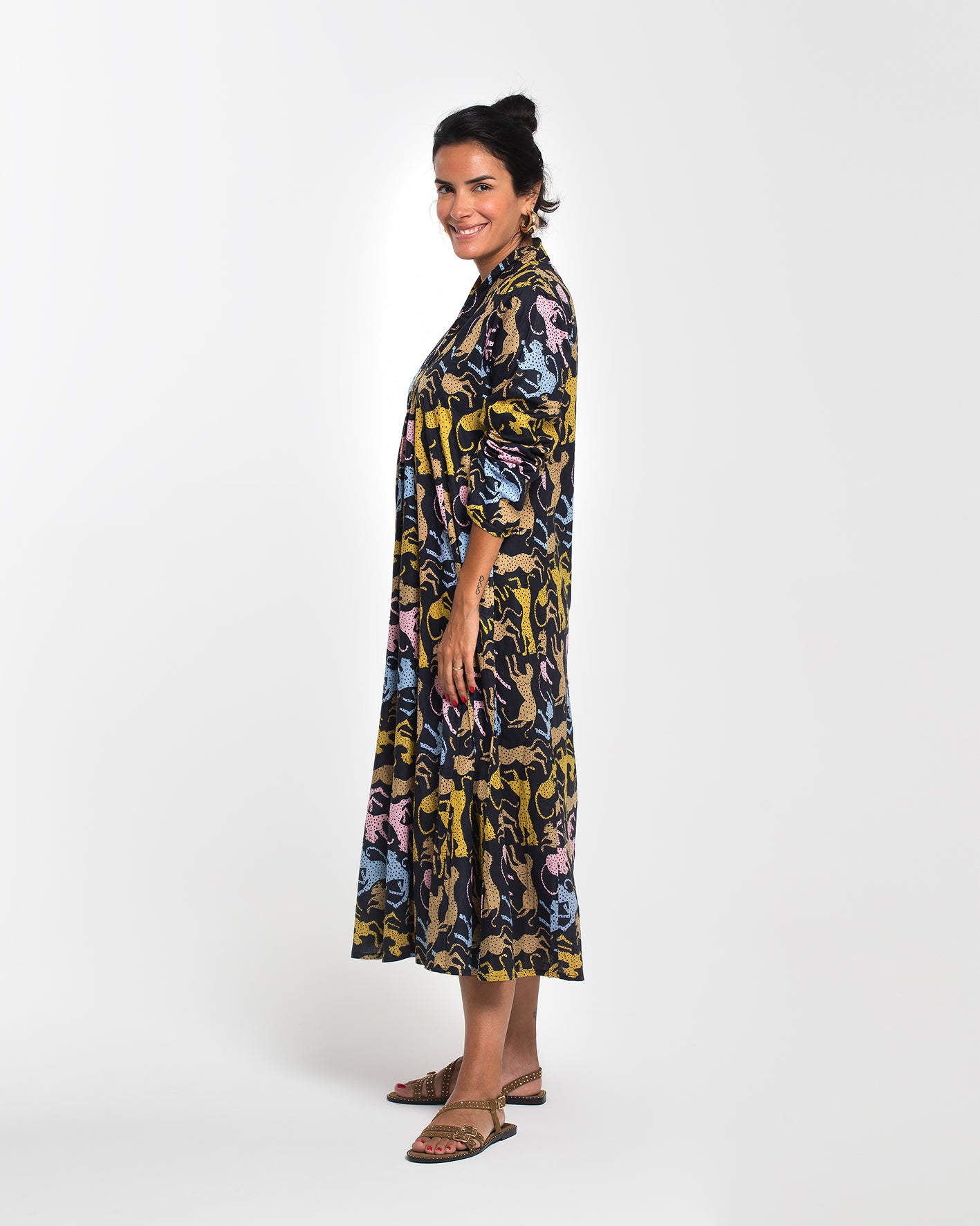DARK BLUE MIDI DRESS COLORFUL LEOPARDS