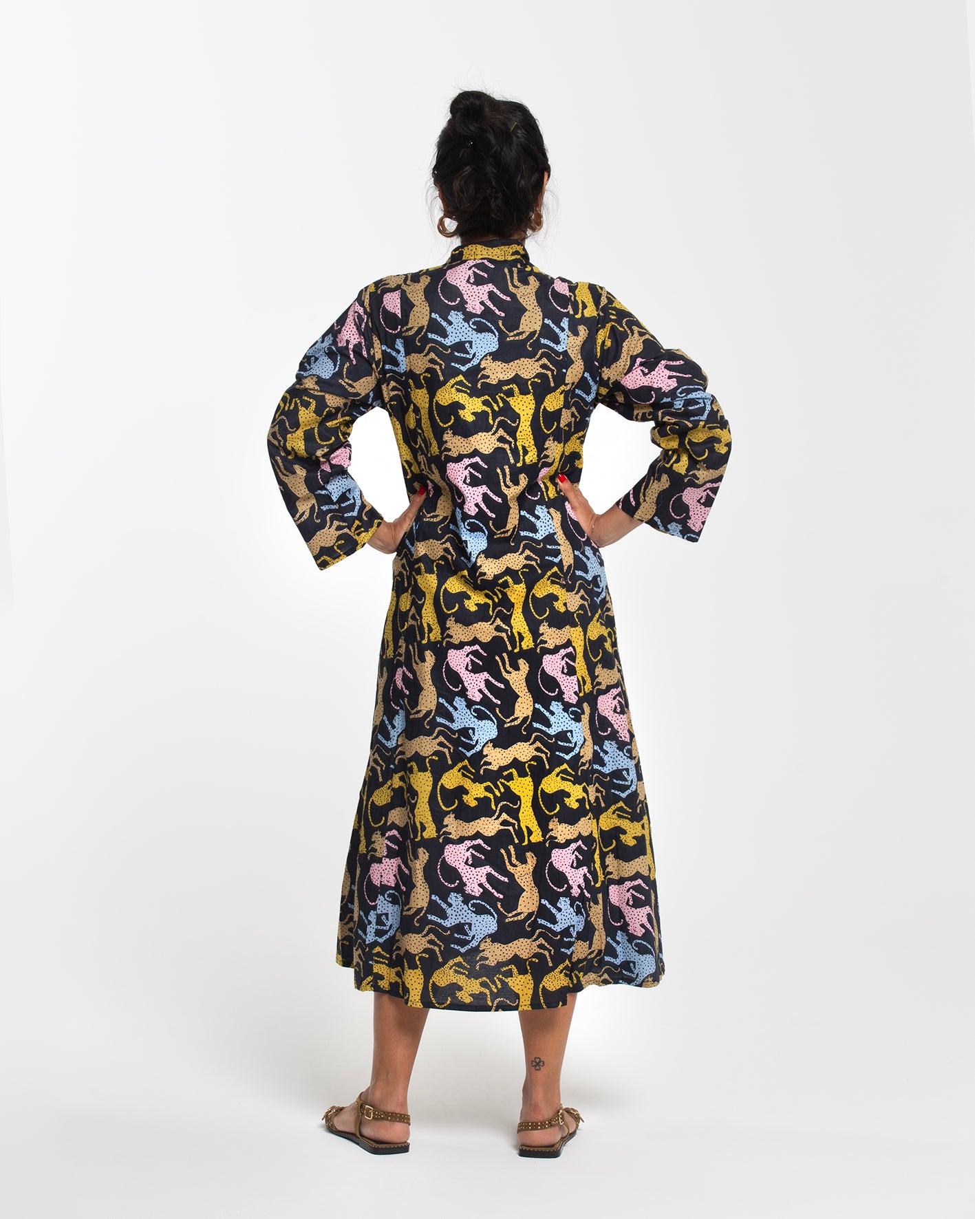 DARK BLUE MIDI DRESS COLORFUL LEOPARDS
