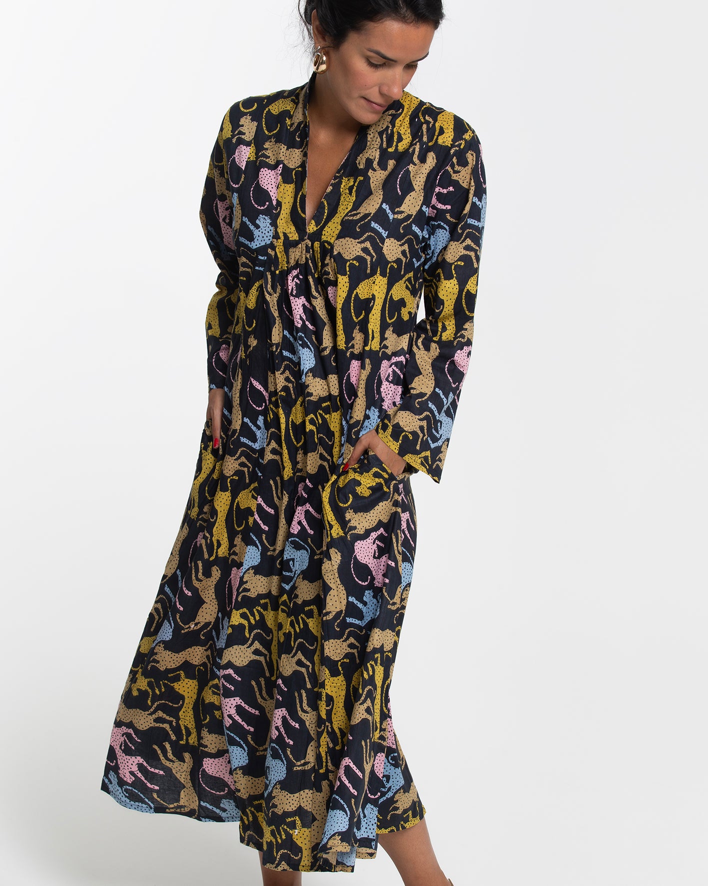 DARK BLUE MIDI DRESS COLORFUL LEOPARDS