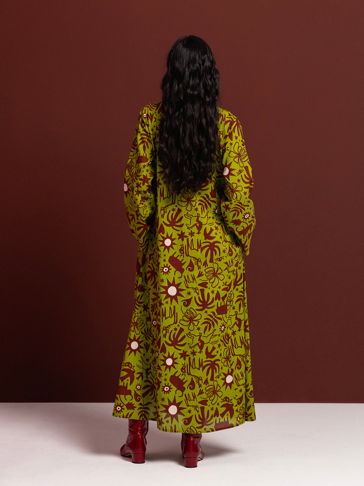 GREEN COWBOY LONG SLEEVE COTTON MAXI DRESS