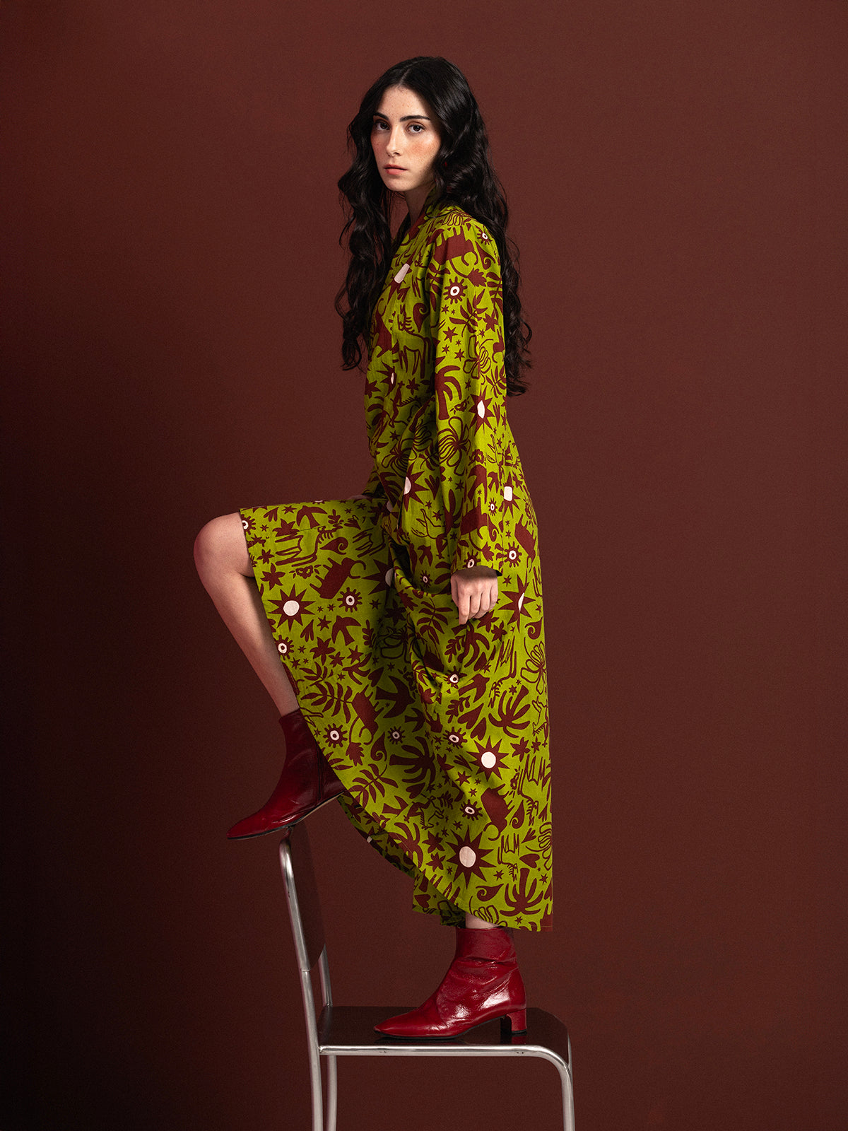 GREEN COWBOY LONG SLEEVE COTTON MAXI DRESS