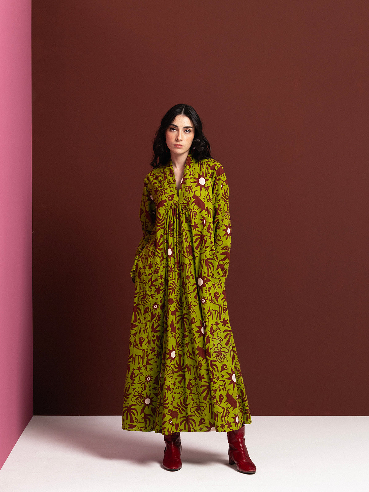 GREEN COWBOY LONG SLEEVE COTTON MAXI DRESS