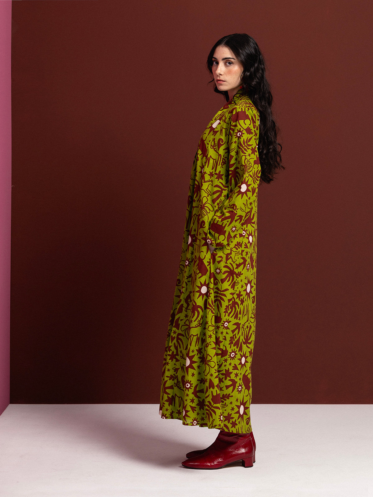 GREEN COWBOY LONG SLEEVE COTTON MAXI DRESS