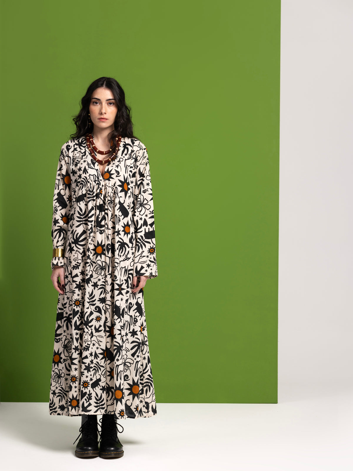 OFF WHITE COWBOY LONG SLEEVE COTTON MAXI DRESS