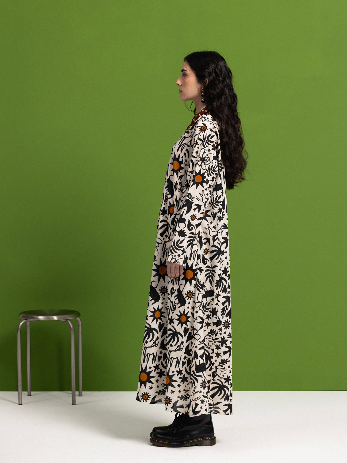 OFF WHITE COWBOY LONG SLEEVE COTTON MAXI DRESS