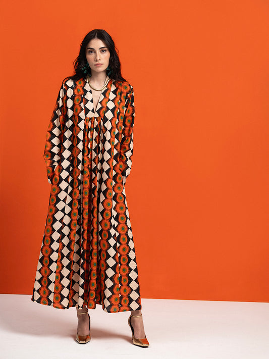 OFF WHITE EXPLOSION LONG SLEEV COTTON MAXI DRESS