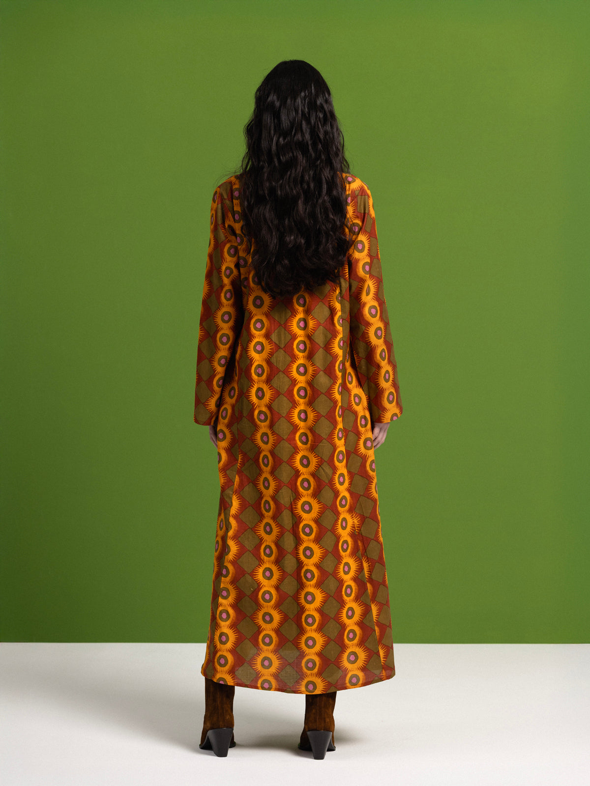 GREEN EXPLOSION LONG SLEEVE COTTON MAXI DRESS