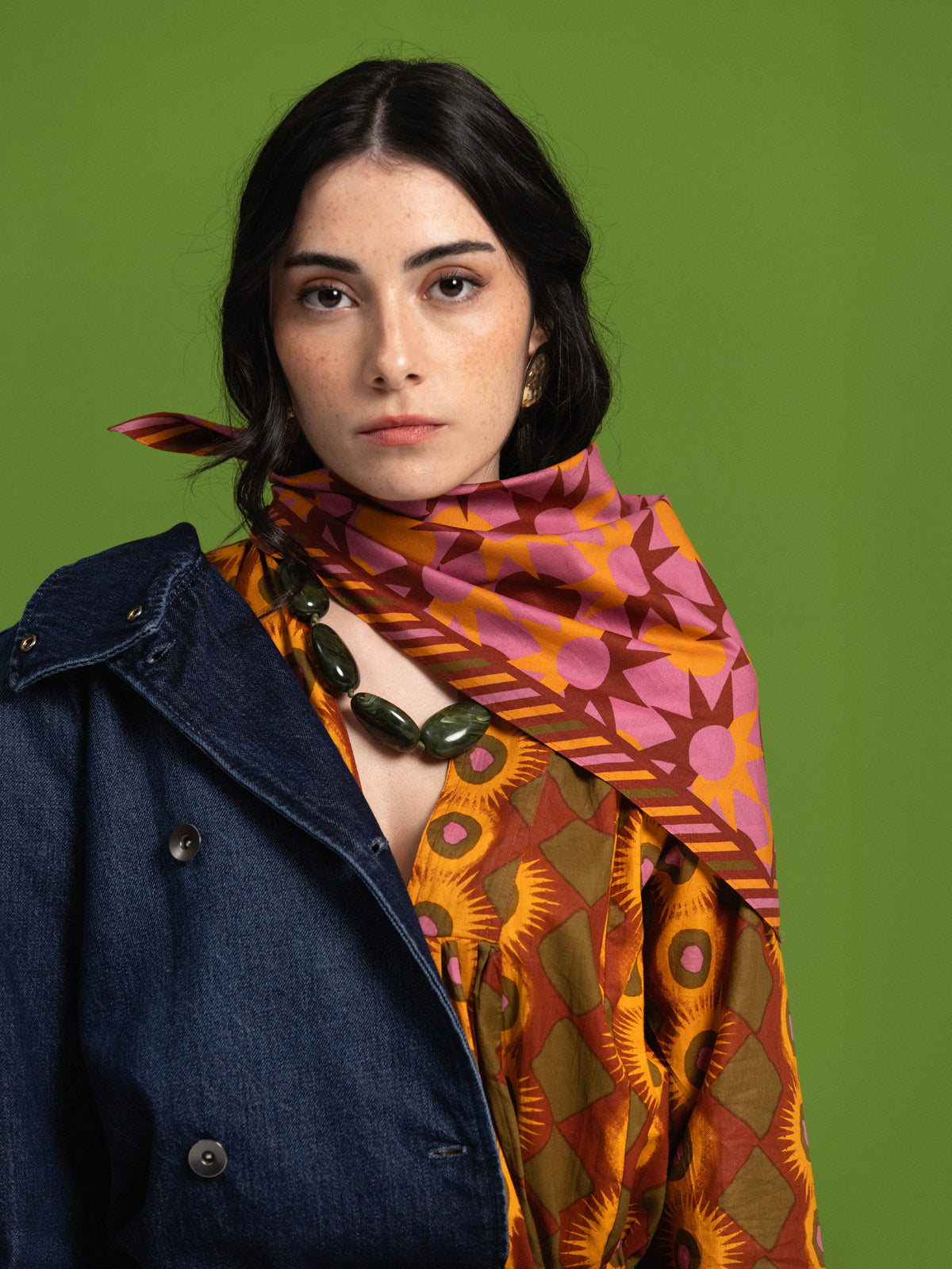 Pink cotton scarf with sun print, 50 x 50 cm