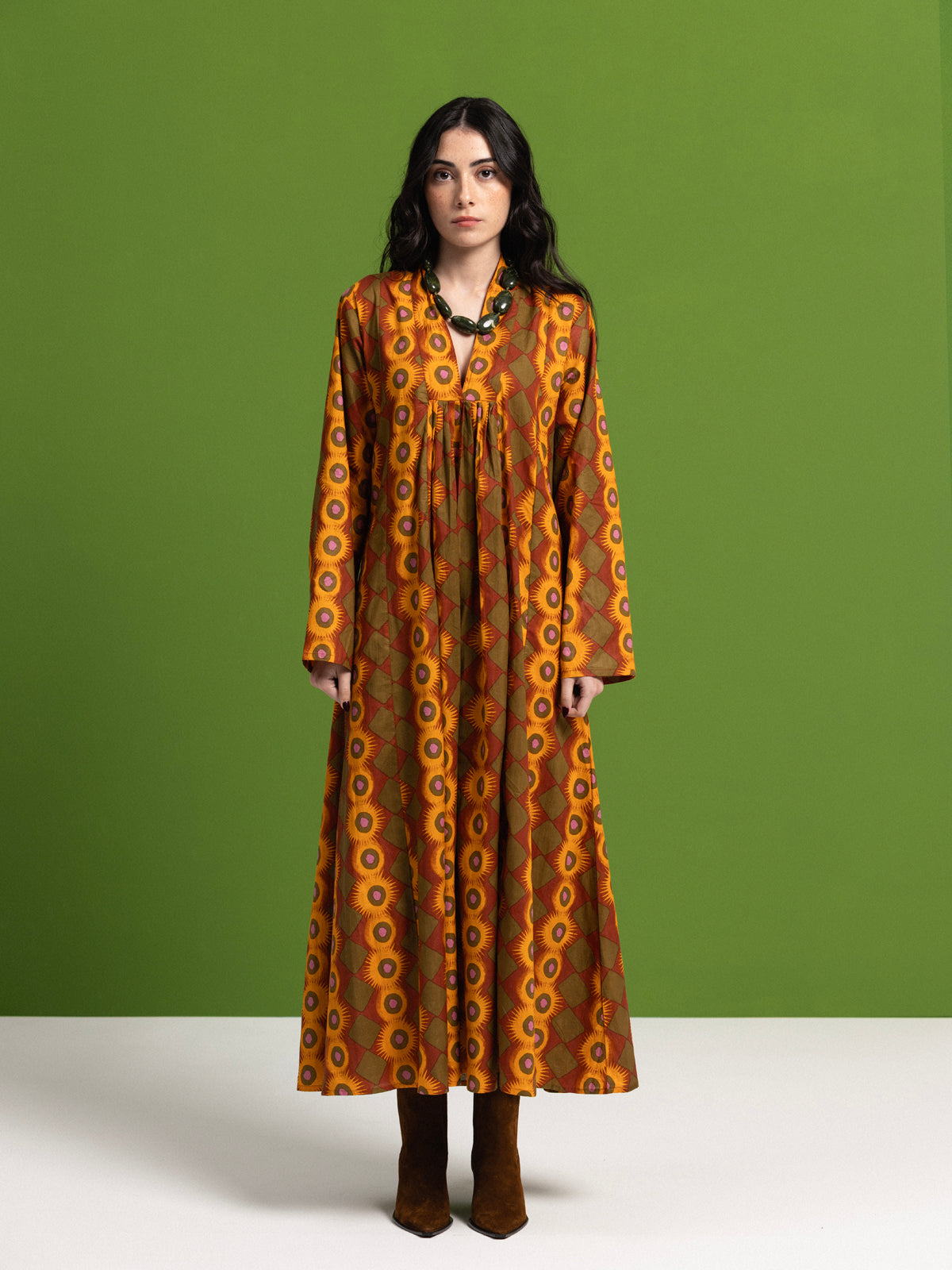 GREEN EXPLOSION LONG SLEEVE COTTON MAXI DRESS