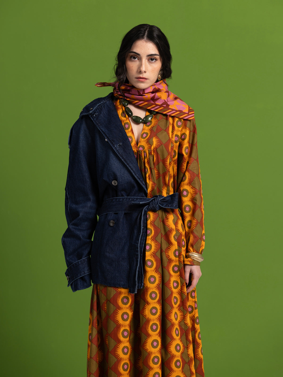 Pink cotton scarf with sun print, 50 x 50 cm