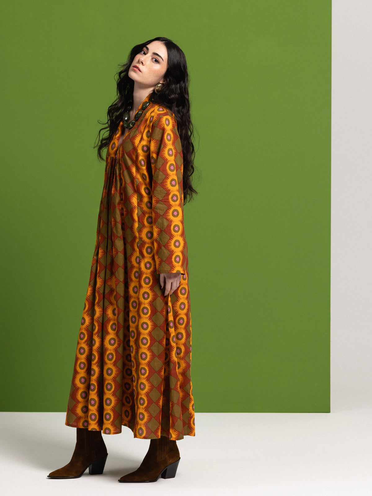 GREEN EXPLOSION LONG SLEEVE COTTON MAXI DRESS