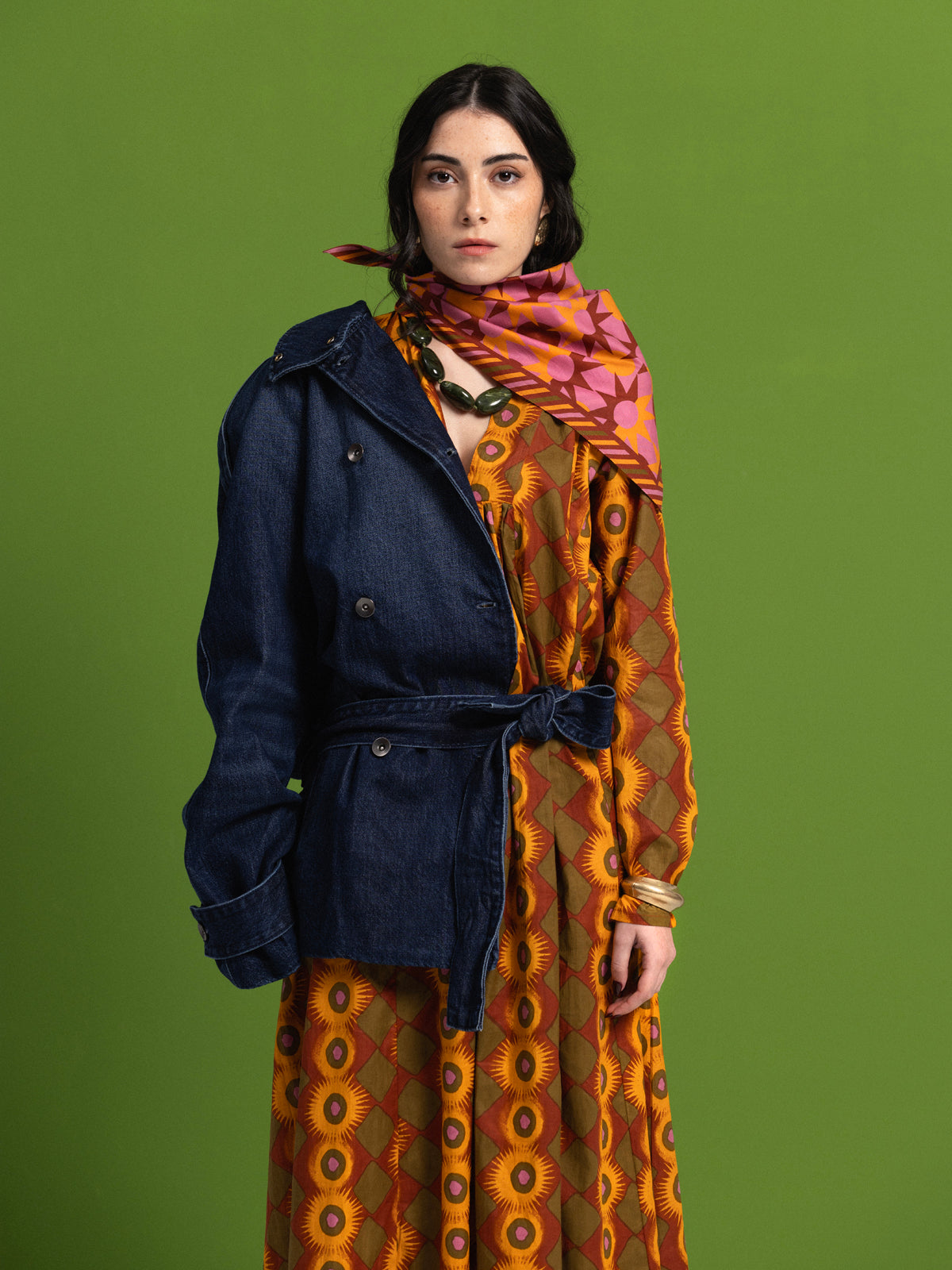 GREEN EXPLOSION LONG SLEEVE COTTON MAXI DRESS