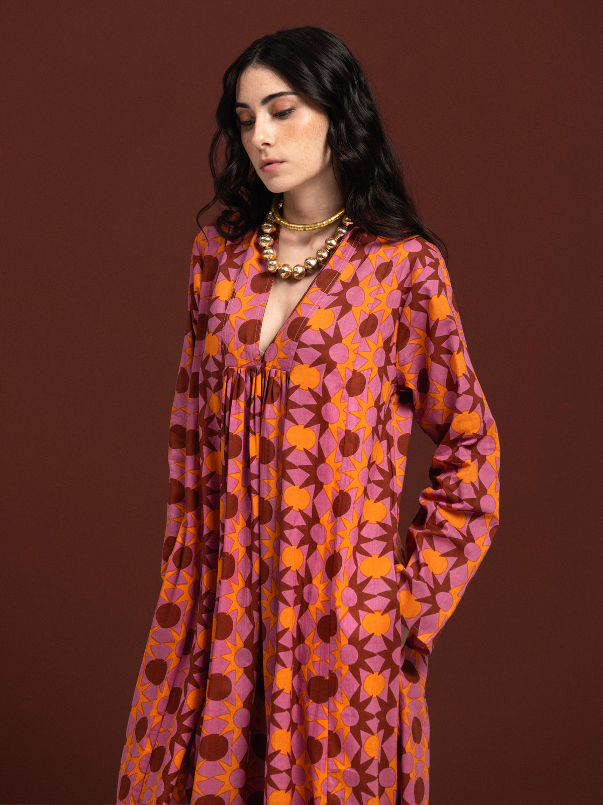 PINK SUNNY LONG SLEEVE COTTON MAXI DRESS